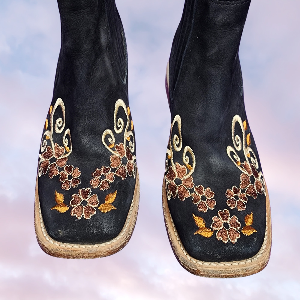 Innovation Black Western Leather Pull On Embroidered Square Toe Chelsea Boot 6 - Picture 4 of 7